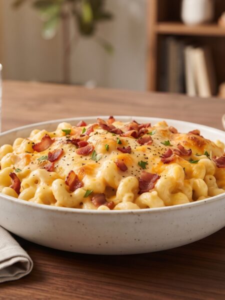 Creamy homemade bacon mac and cheese topped with crispy bacon and melted cheddar cheese