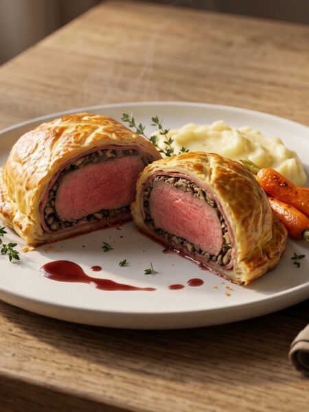 Classic British Beef Wellington sliced to reveal tender beef fillet, mushroom duxelles, and golden puff pastry