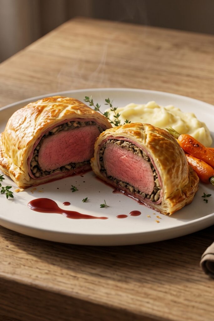 Classic British Beef Wellington sliced to reveal tender beef fillet, mushroom duxelles, and golden puff pastry