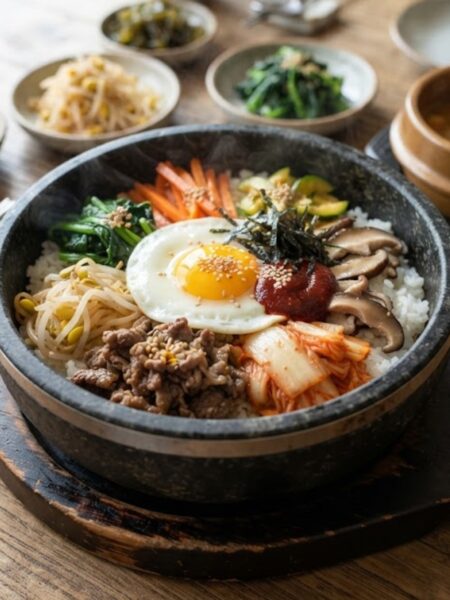 Authentic Korean Bibimbap served in a bowl with seasoned vegetables, marinated beef, fried egg, sesame seeds, and gochujang sauce.