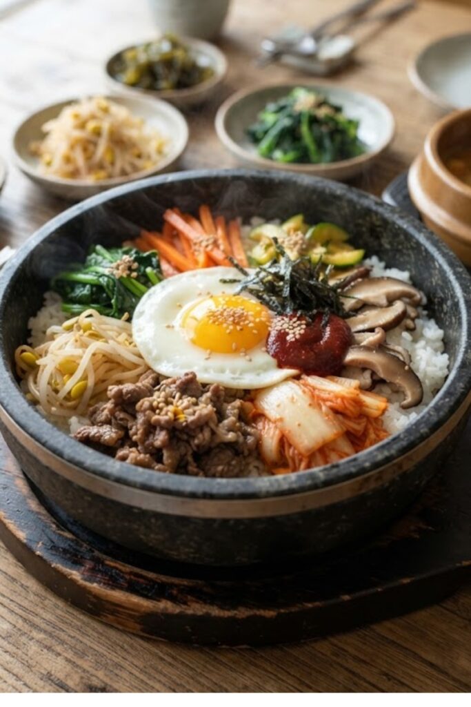 Authentic Korean Bibimbap served in a bowl with seasoned vegetables, marinated beef, fried egg, sesame seeds, and gochujang sauce.