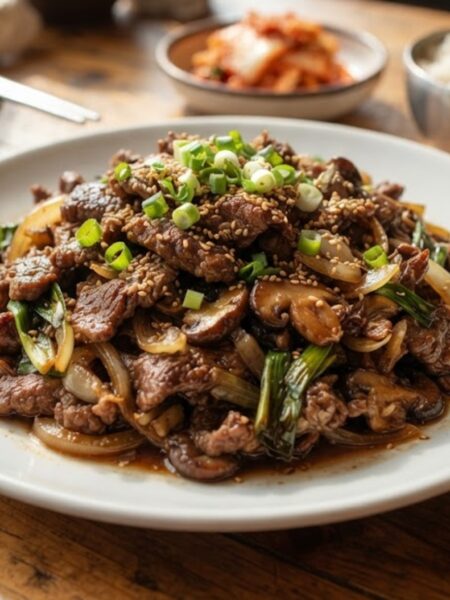 Authentic Korean Bulgogi made with tender marinated beef, onions, mushrooms, and sesame seeds served on a traditional Korean plate.