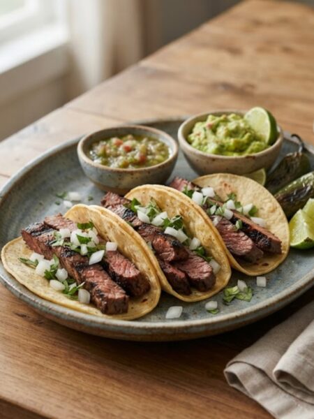 Authentic Mexican Carne Asada Tacos filled with juicy grilled steak, fresh onions, cilantro, and lime wedges served on warm corn tortillas.