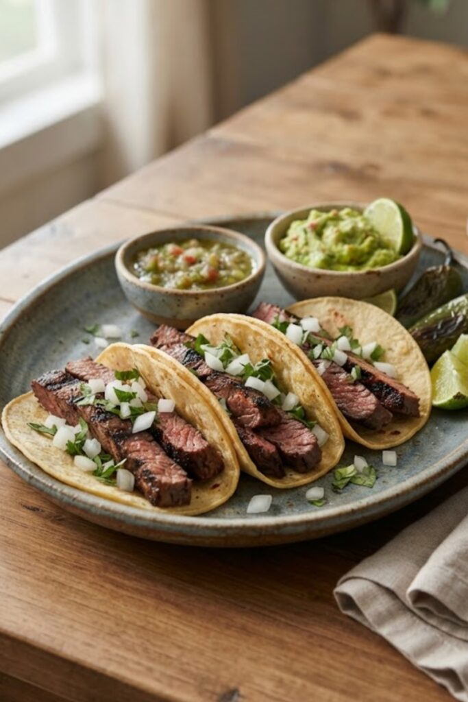 Authentic Mexican Carne Asada Tacos filled with juicy grilled steak, fresh onions, cilantro, and lime wedges served on warm corn tortillas.