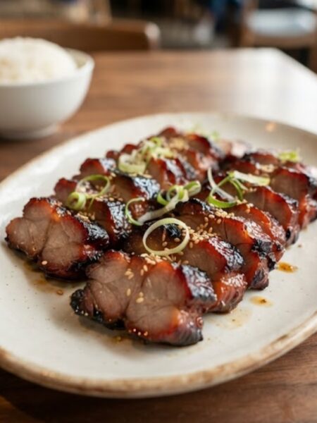 Authentic Char Siu Chinese BBQ pork with a glossy caramelized honey glaze, sliced and served on a white ceramic platter.