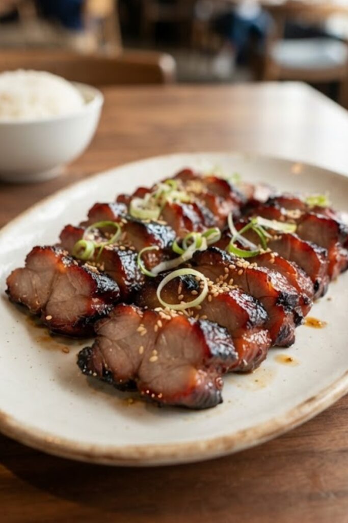 Authentic Char Siu Chinese BBQ pork with a glossy caramelized honey glaze, sliced and served on a white ceramic platter.