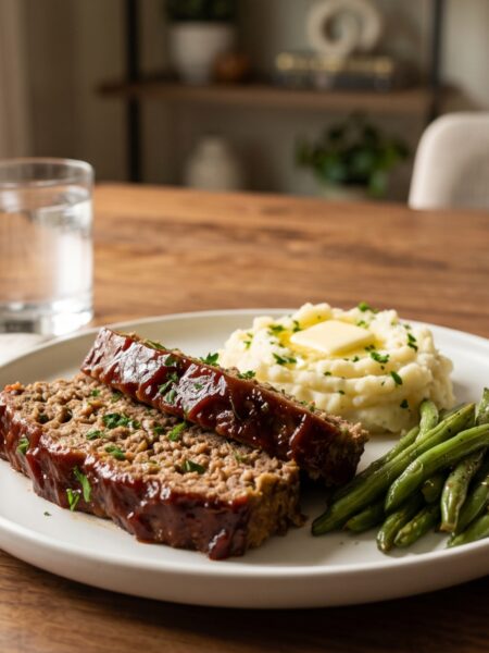 Classic American meatloaf with sweet tomato glaze served with mashed potatoes and green beans