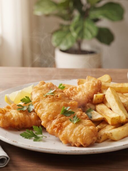 Classic British Fish and Chips with crispy beer-battered cod, golden chips, mushy peas, and tartar sauce