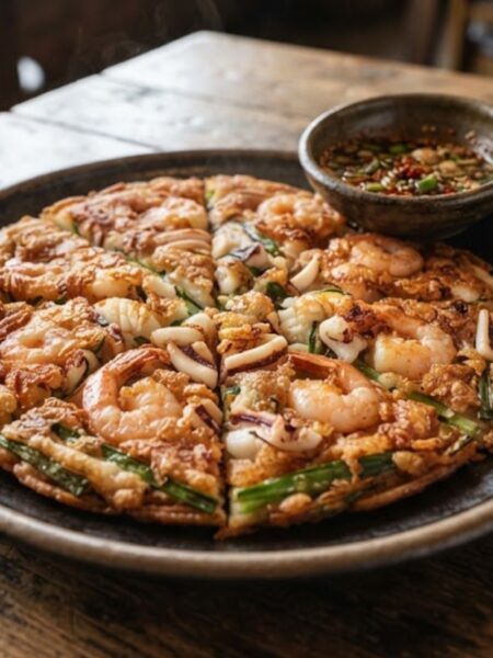 Authentic Korean Haemul Pajeon with shrimp, squid, and green onions served crispy with a traditional soy dipping sauce.