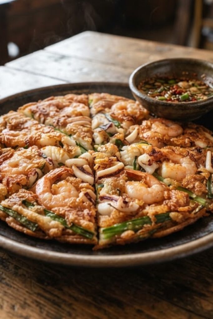 Authentic Korean Haemul Pajeon with shrimp, squid, and green onions served crispy with a traditional soy dipping sauce.
