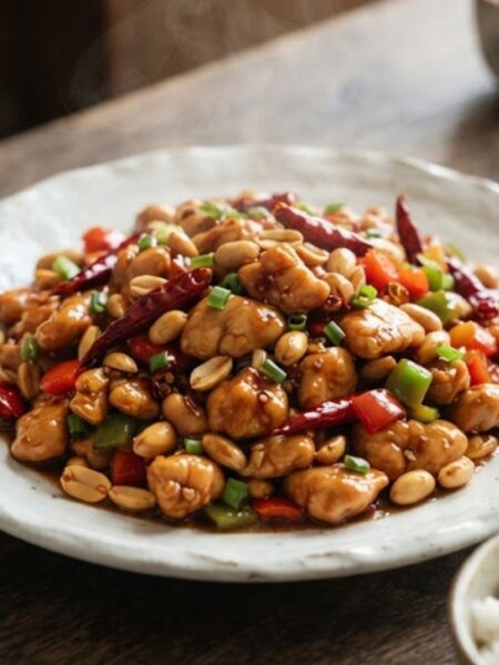 Authentic Kung Pao Chicken stir-fried with roasted peanuts, dried red chilies, bell peppers, and a glossy Sichuan sauce served on a white porcelain plate.