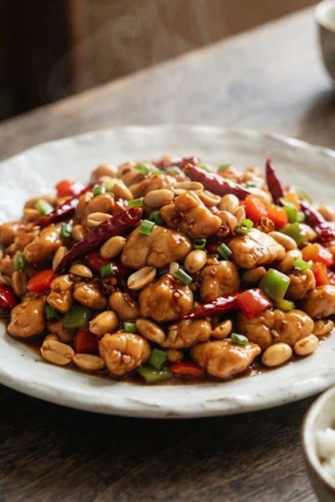 Authentic Kung Pao Chicken stir-fried with roasted peanuts, dried red chilies, bell peppers, and a glossy Sichuan sauce served on a white porcelain plate.