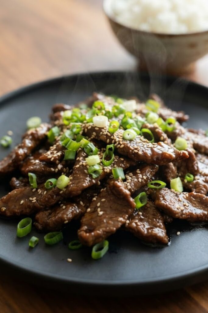Tender Mongolian Beef stir-fried in a rich garlic soy sauce with green onions, beautifully served on a white ceramic plate.