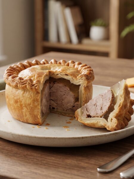Classic British Pork Pie with golden hot water crust pastry and traditional seasoned pork filling