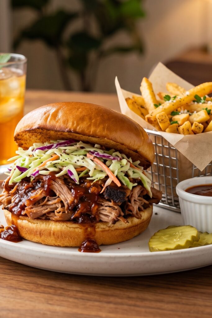 Homemade American pulled pork sandwich filled with juicy barbecue pork and creamy coleslaw on a soft bun