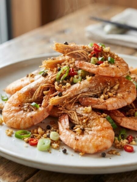 Crispy Chinese Salt and Pepper Shrimp tossed with garlic, fresh chilies, and green onions on a white ceramic plate.