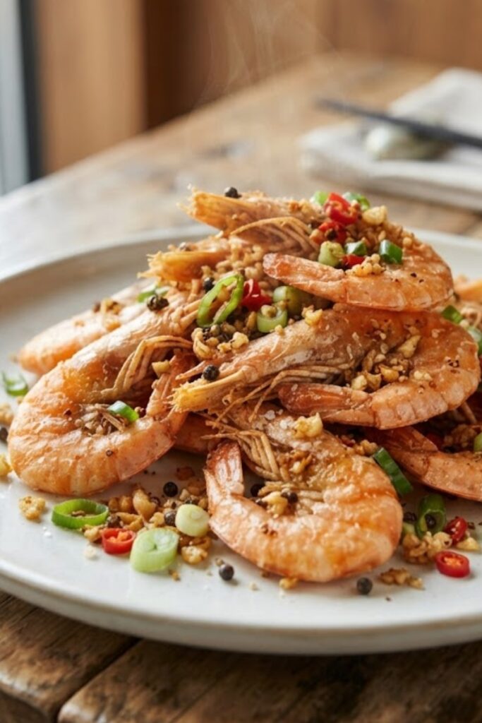 Crispy Chinese Salt and Pepper Shrimp tossed with garlic, fresh chilies, and green onions on a white ceramic plate.