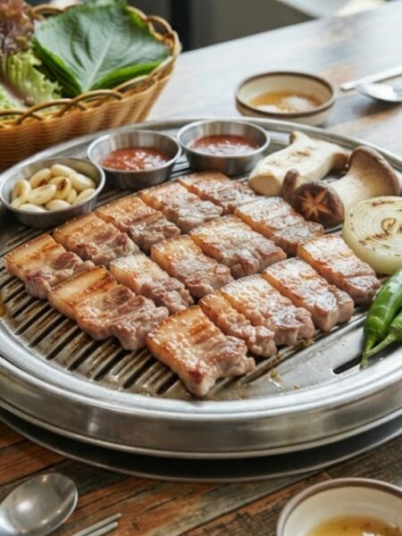 Authentic Korean Samgyeopsal featuring crispy grilled pork belly served with fresh lettuce wraps, kimchi, garlic, and ssamjang.