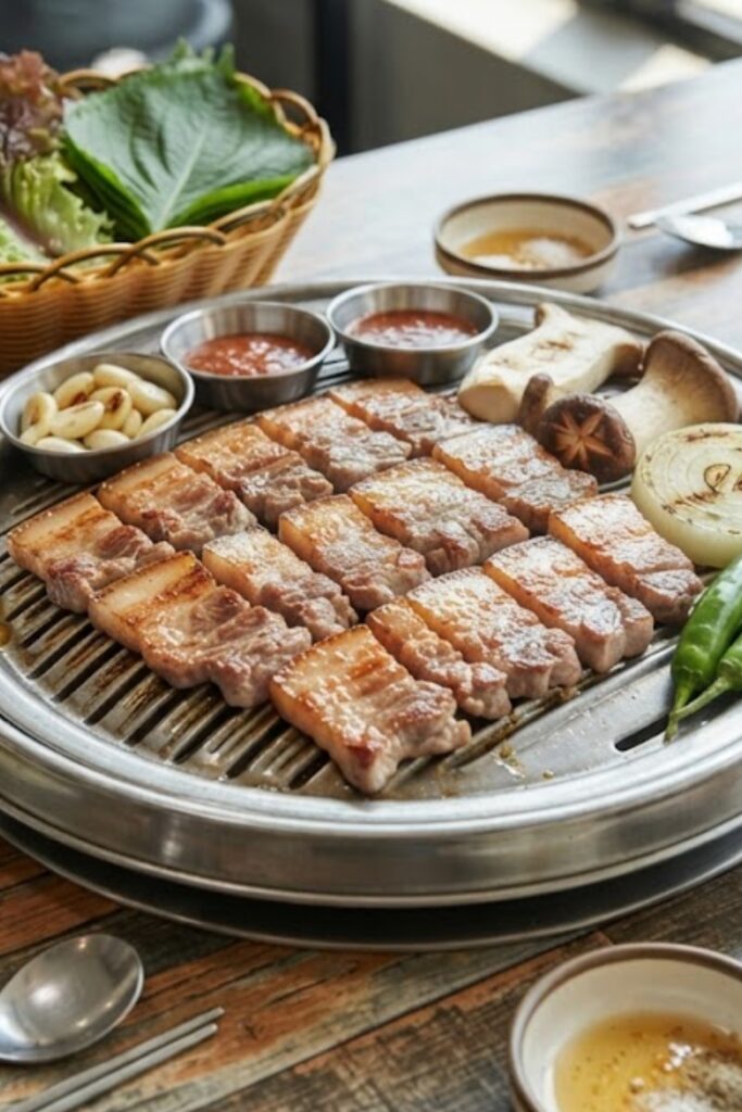 Authentic Korean Samgyeopsal featuring crispy grilled pork belly served with fresh lettuce wraps, kimchi, garlic, and ssamjang.