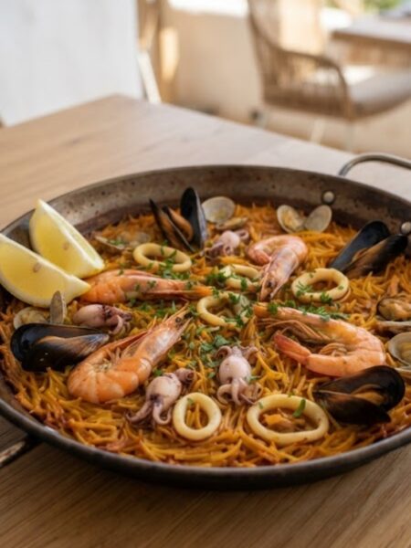 Authentic Spanish seafood paella loaded with shrimp, mussels, clams, squid, and saffron-infused golden rice.