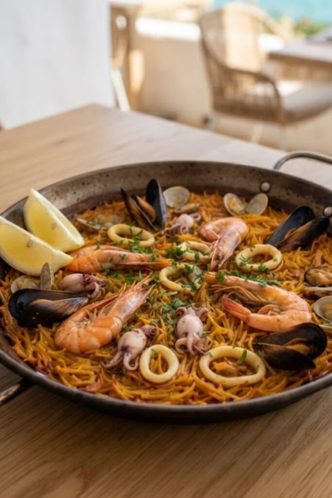 Authentic Spanish seafood paella loaded with shrimp, mussels, clams, squid, and saffron-infused golden rice.