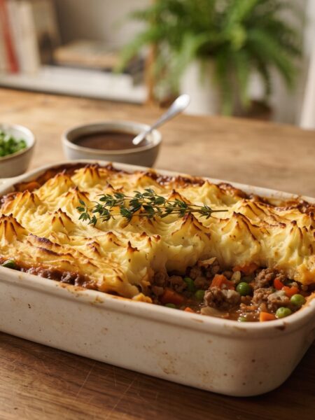 Classic British Shepherd's Pie with rich minced lamb and vegetables topped with golden creamy mashed potatoes