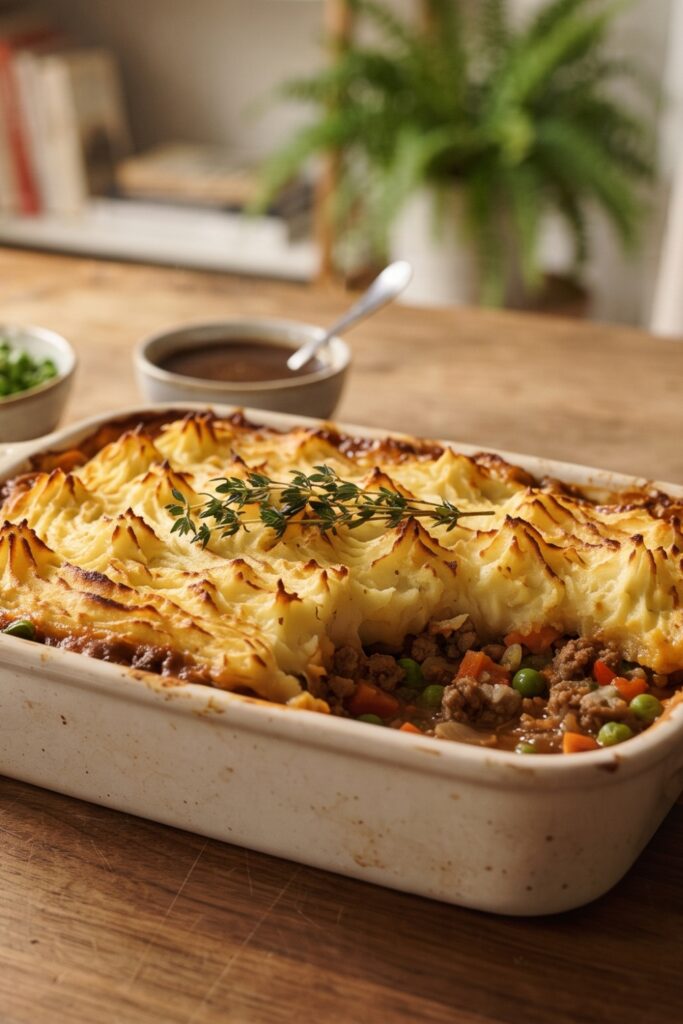 Classic British Shepherd's Pie with rich minced lamb and vegetables topped with golden creamy mashed potatoes