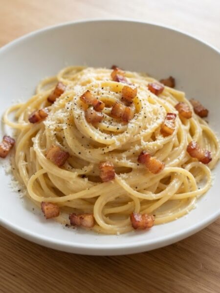 Authentic Italian Spaghetti Carbonara with crispy guanciale, Pecorino Romano, silky egg sauce, and freshly cracked black pepper.