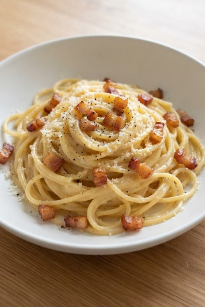 Authentic Italian Spaghetti Carbonara with crispy guanciale, Pecorino Romano, silky egg sauce, and freshly cracked black pepper.