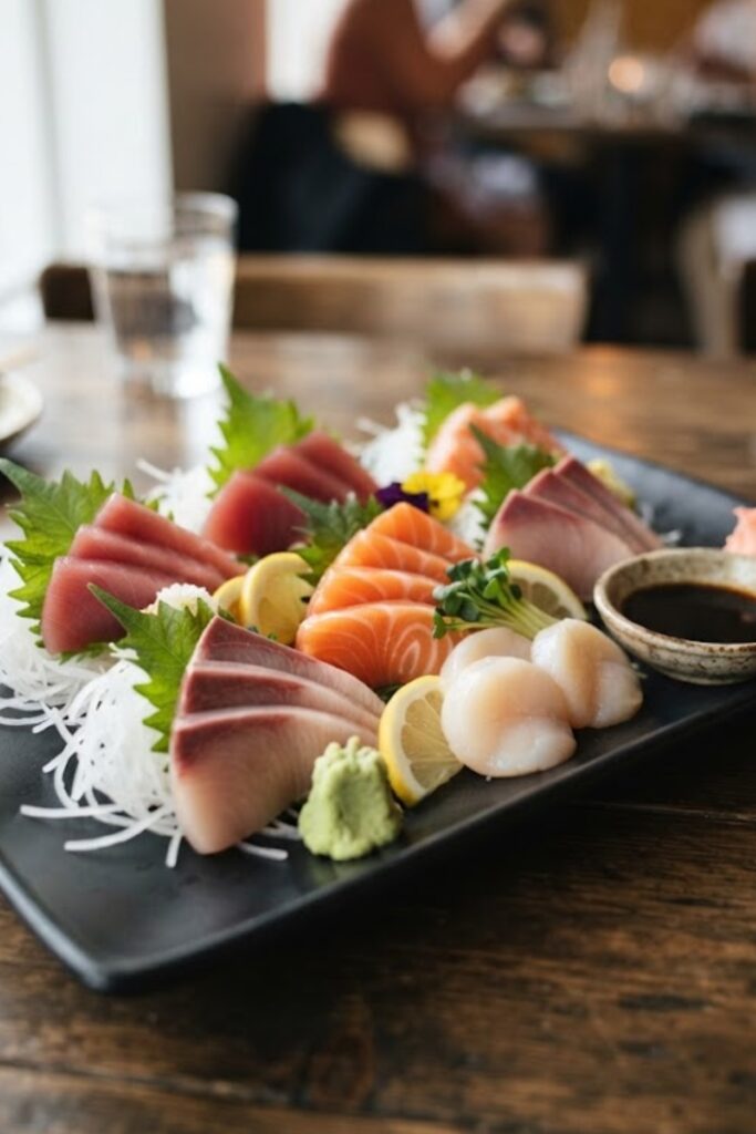 Authentic Japanese sashimi platter with fresh salmon, tuna, and yellowtail served with soy sauce, wasabi, pickled ginger, and shredded daikon radish.