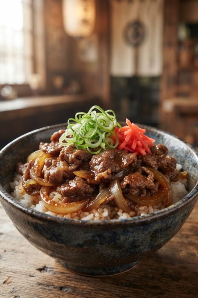 Authentic Japanese Gyudon featuring tender simmered beef and onions served over steamed rice with pickled ginger and green onions.