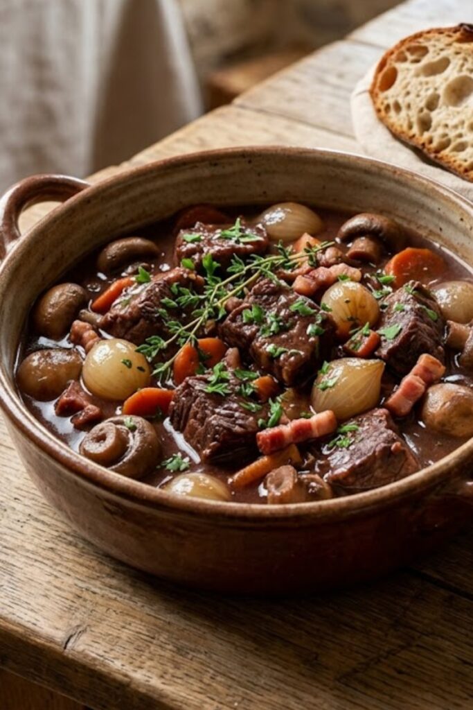 Authentic French Beef Bourguignon with tender beef, mushrooms, pearl onions, carrots, and bacon in a rich red wine sauce.