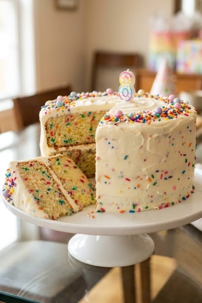 Homemade birthday funfetti cake with colorful rainbow sprinkles and creamy vanilla buttercream frosting.