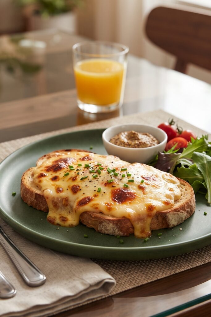 Classic British Welsh Rarebit with golden melted Cheddar cheese topping on toasted rustic bread