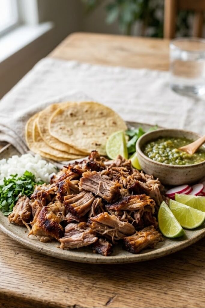 Authentic Mexican Carnitas with tender shredded pork and crispy golden edges served with corn tortillas, cilantro, onion, lime, and salsa.
