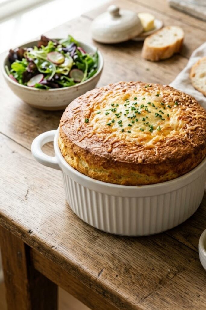 Classic French cheese soufflé with a golden Gruyère crust and light airy center served in a ceramic soufflé dish.