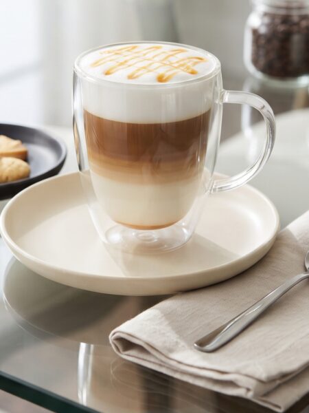 Homemade caramel macchiato with espresso, creamy milk, vanilla, and caramel drizzle in a glass coffee cup
