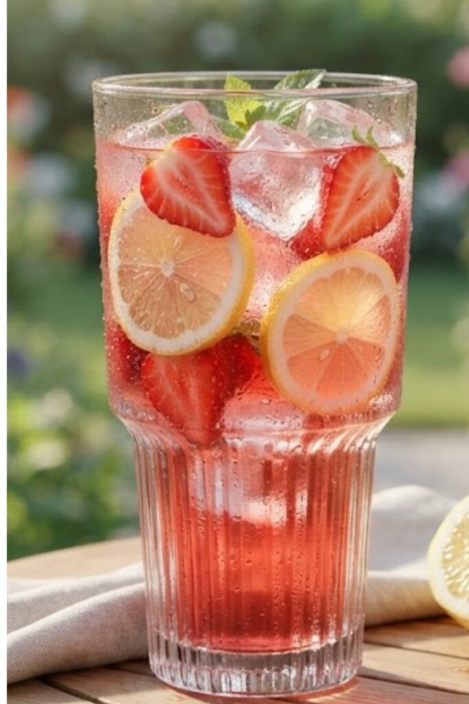 Refreshing homemade strawberry lemonade served cold with fresh strawberries, lemon slices, ice, and mint.