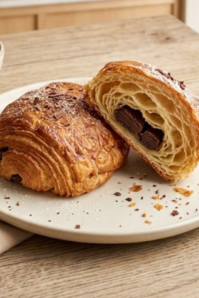 Flaky homemade chocolate croissants with golden layers and rich dark chocolate filling