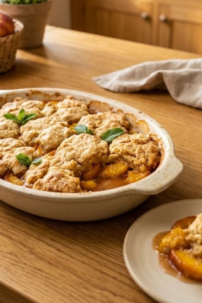 Warm Southern peach cobbler with juicy peaches and a golden buttery topping