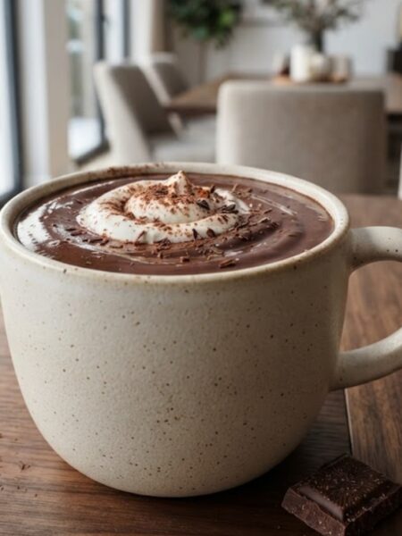 Creamy classic hot chocolate made with milk, cocoa, melted chocolate, and topped with whipped cream
