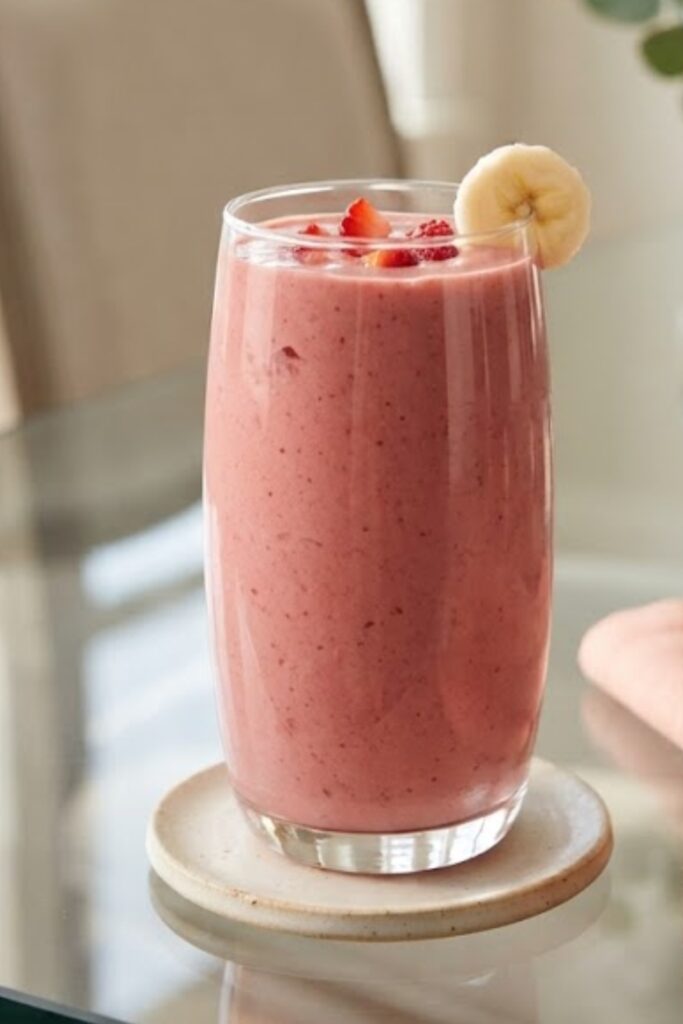 Creamy strawberry banana smoothie made with fresh strawberries, ripe banana, milk, and Greek yogurt
