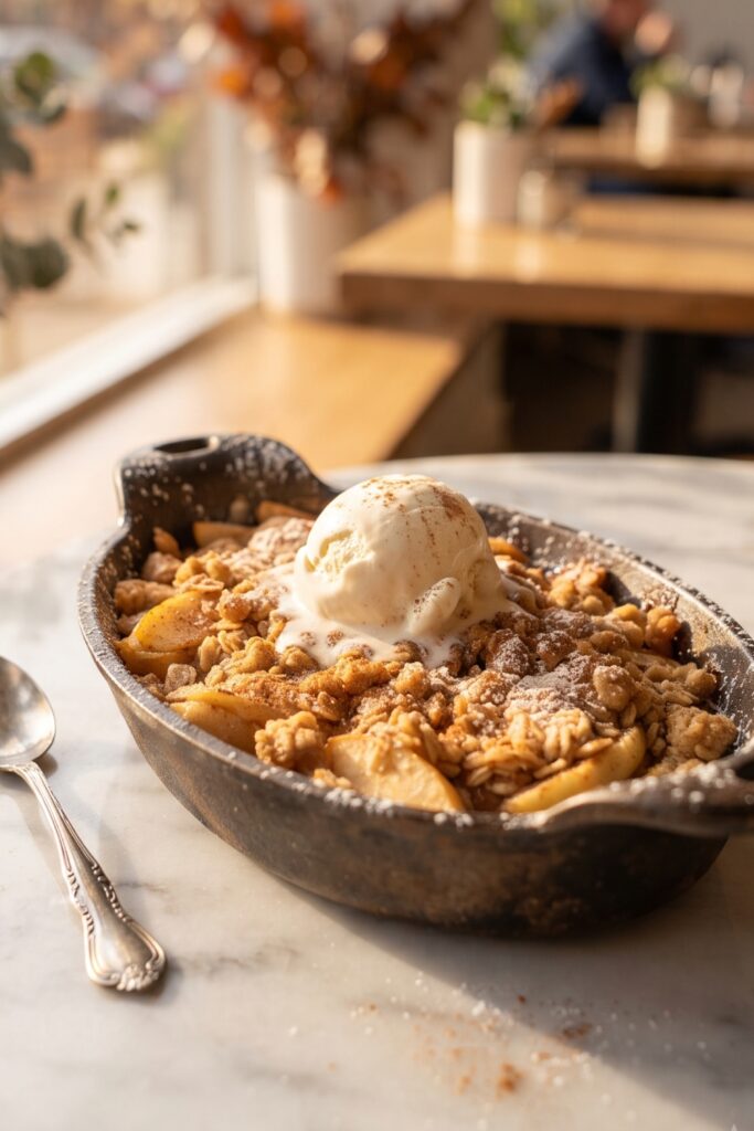 Warm homemade fall apple crisp with cinnamon apples and a golden oat crumble topping served with vanilla ice cream.
