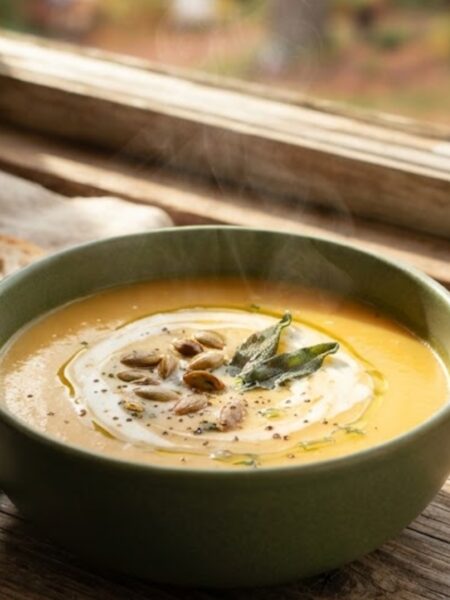 Creamy fall butternut squash soup made with roasted squash, garlic, thyme, and warm spices, served with pumpkin seeds.