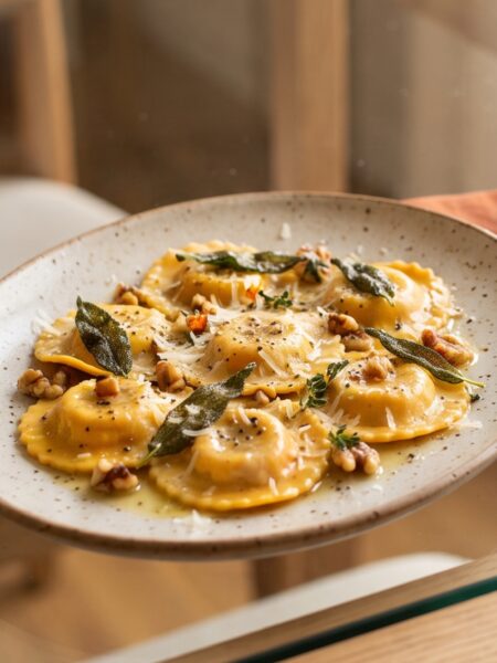 Homemade fall pumpkin ravioli with creamy pumpkin filling, brown butter sage sauce, Parmesan, and toasted pumpkin seeds.