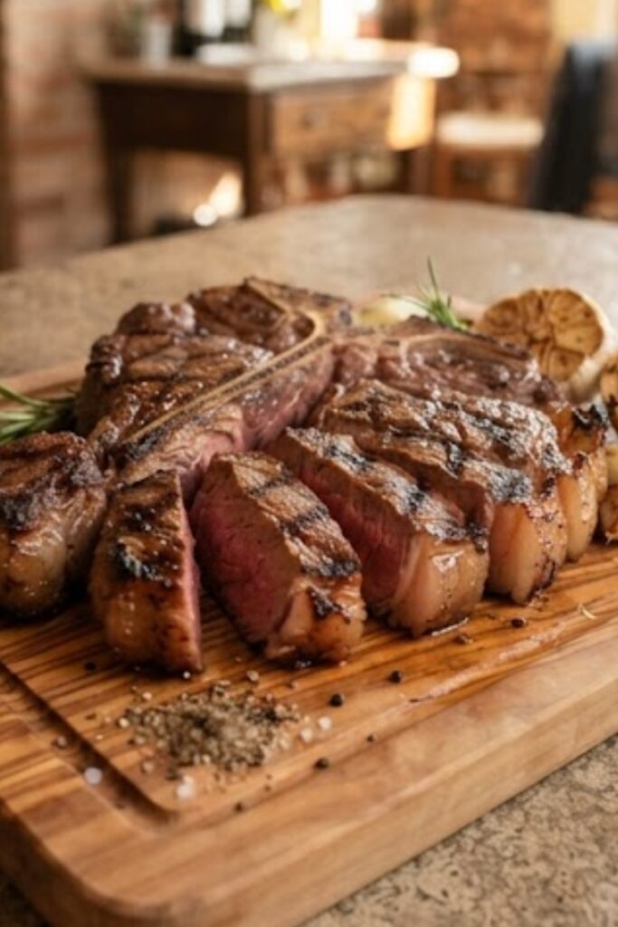 Authentic Bistecca alla Fiorentina Tuscan steak grilled with a deeply charred crust and juicy rare center.