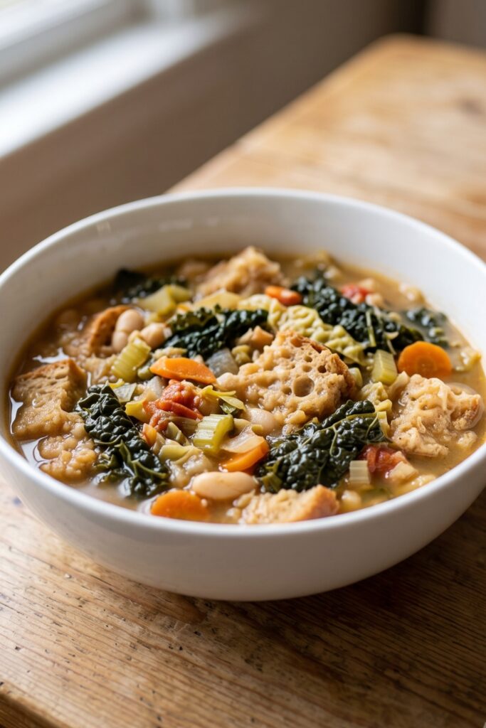 Authentic Tuscan Ribollita soup with cannellini beans, kale, vegetables, and rustic Italian bread.