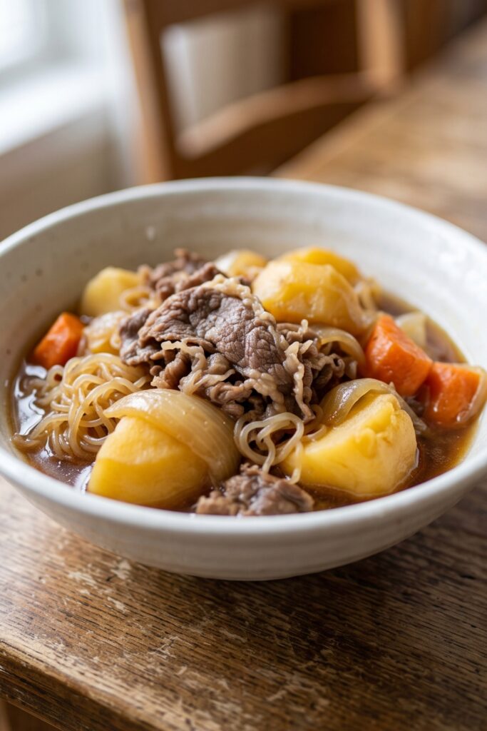 Authentic Japanese Nikujaga with tender beef, potatoes, carrots, and onions simmered in a sweet and savory broth.