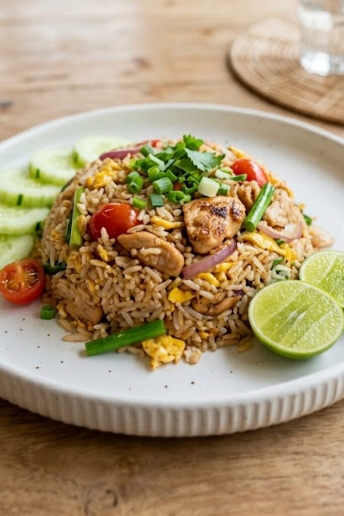 Authentic Thai Khao Pad featuring flavorful fried jasmine rice with chicken, eggs, vegetables, cucumber, and lime wedges.