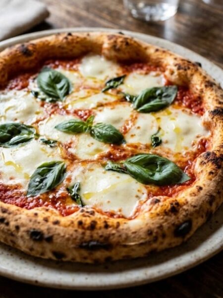 Authentic Neapolitan Margherita Pizza with tomato sauce, fresh mozzarella, basil, and a blistered golden crust.